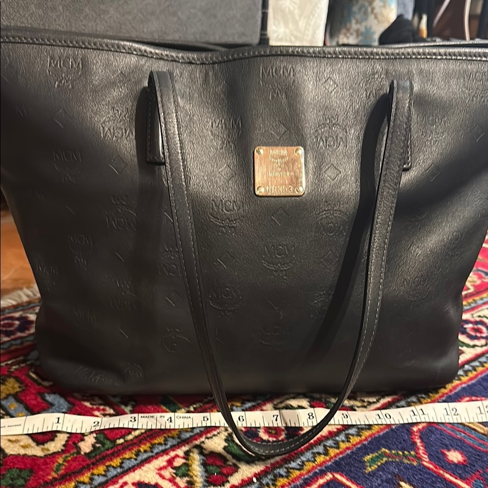 Y2K MCM dark gray embossed leather vintage tote